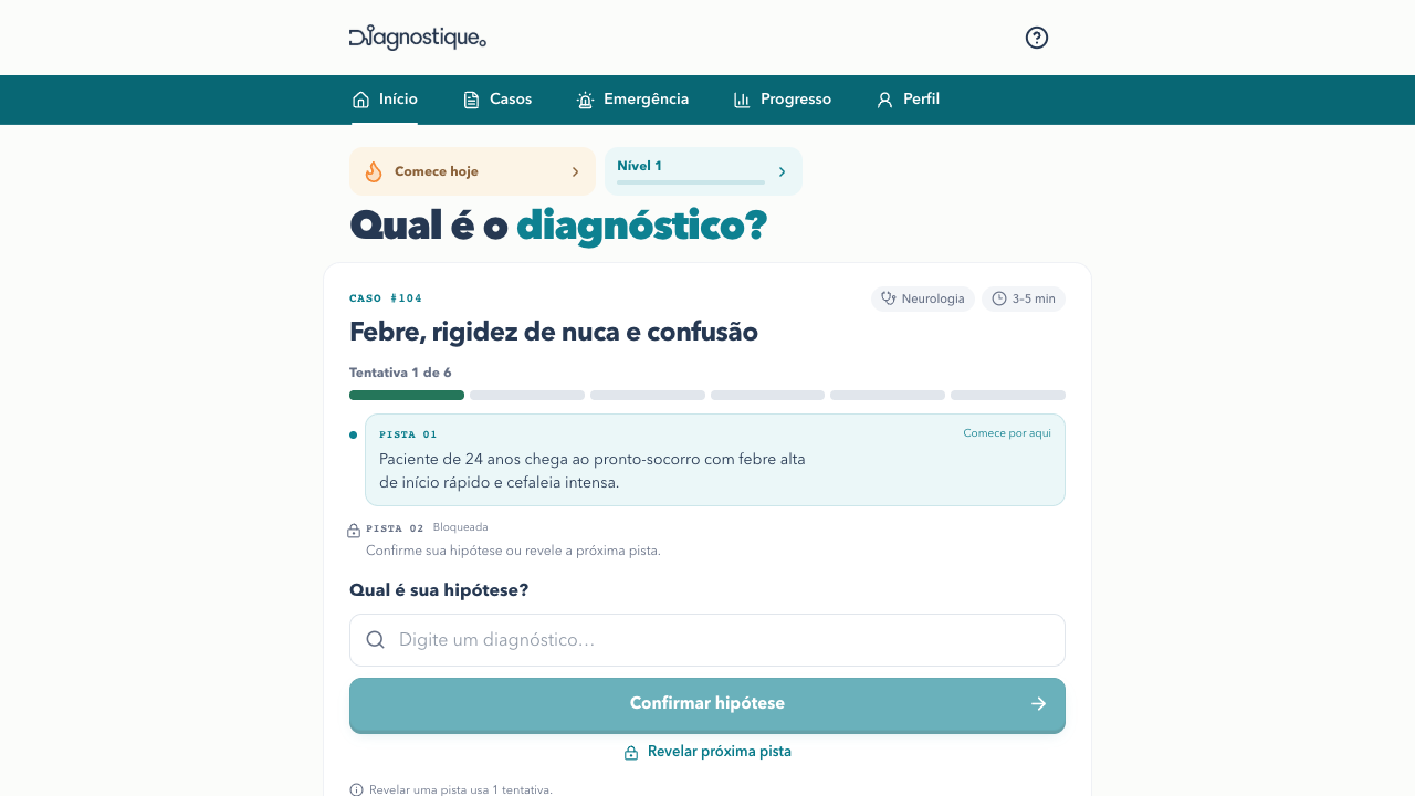 Tela real do Diagnostique: pista inicial e pistas seguintes bloqueadas.